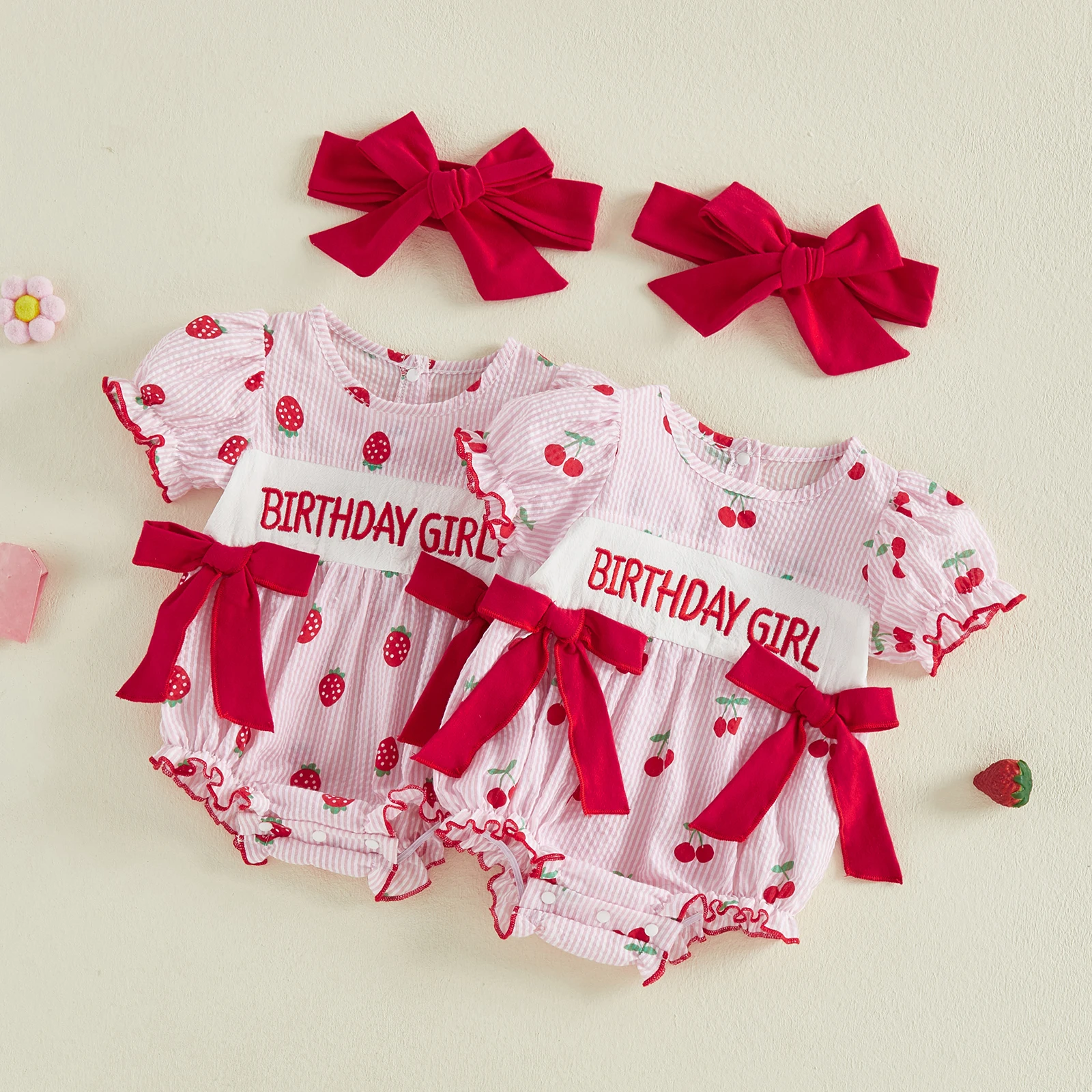 Baby Girl Birthday Bodysuits Outfits Casual Strawberry Bows Crew Neck Short Sleeve Romper and Bow Headband 2 Pcs Set