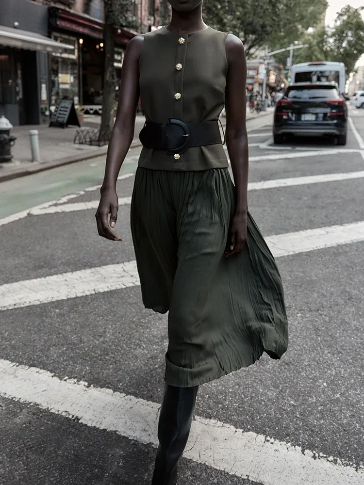 Nova chegada outono za2025 feminino redondo ne sino com cinto midi dr retalhos sle ele vestido festivo