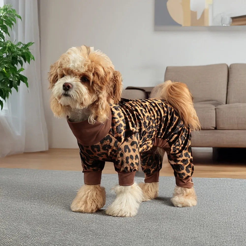 Mono para Perro con Estampado de Leopardo Marrón, Mono de Terciopelo Suave de Cuatro Patas para Cachorros, Ropa Abrigada de Invierno para Perros Pequeños y Medianos