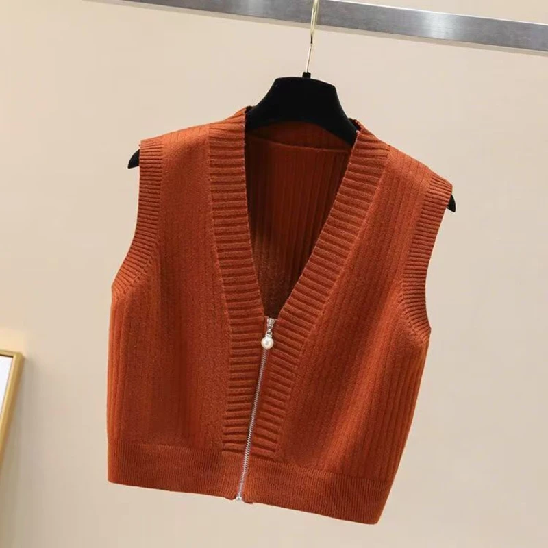 Sweter Rajutan Musim Gugur/Dingin Rompi Wanita Kardigan Kasual Ritsleting Mutiara Tanpa Lengan Atasan Crop Rompi Mantel 7 Warna