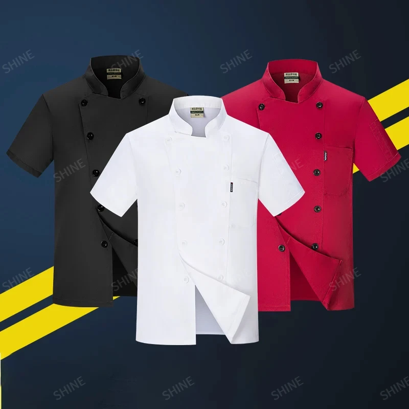 Red Unisex Kitchen hotel Chef Uniform Bakery Food Service Cook Short Sleeve Chef shirt Breathable  black and white chef outfit