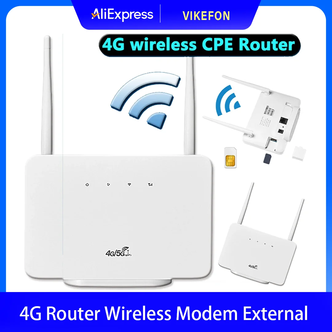 

VIKEFON 4G Wireless Router 300Mbps 4G Router Wireless Modem External Antenna with Sim Card Slot EU Plug for Home Travel Work