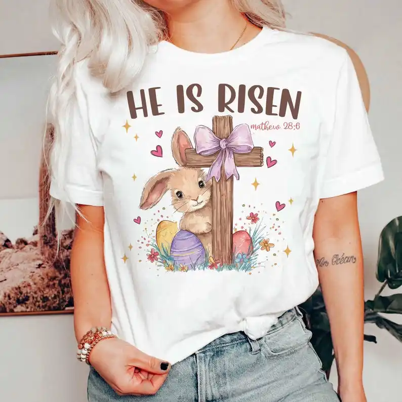 He Is Risen Easter Shirt, Christian Easter Bunny Cross Tee, Matthew 28:6 Resurrection Sunday Shirt, Cute Religious Easter Shirt