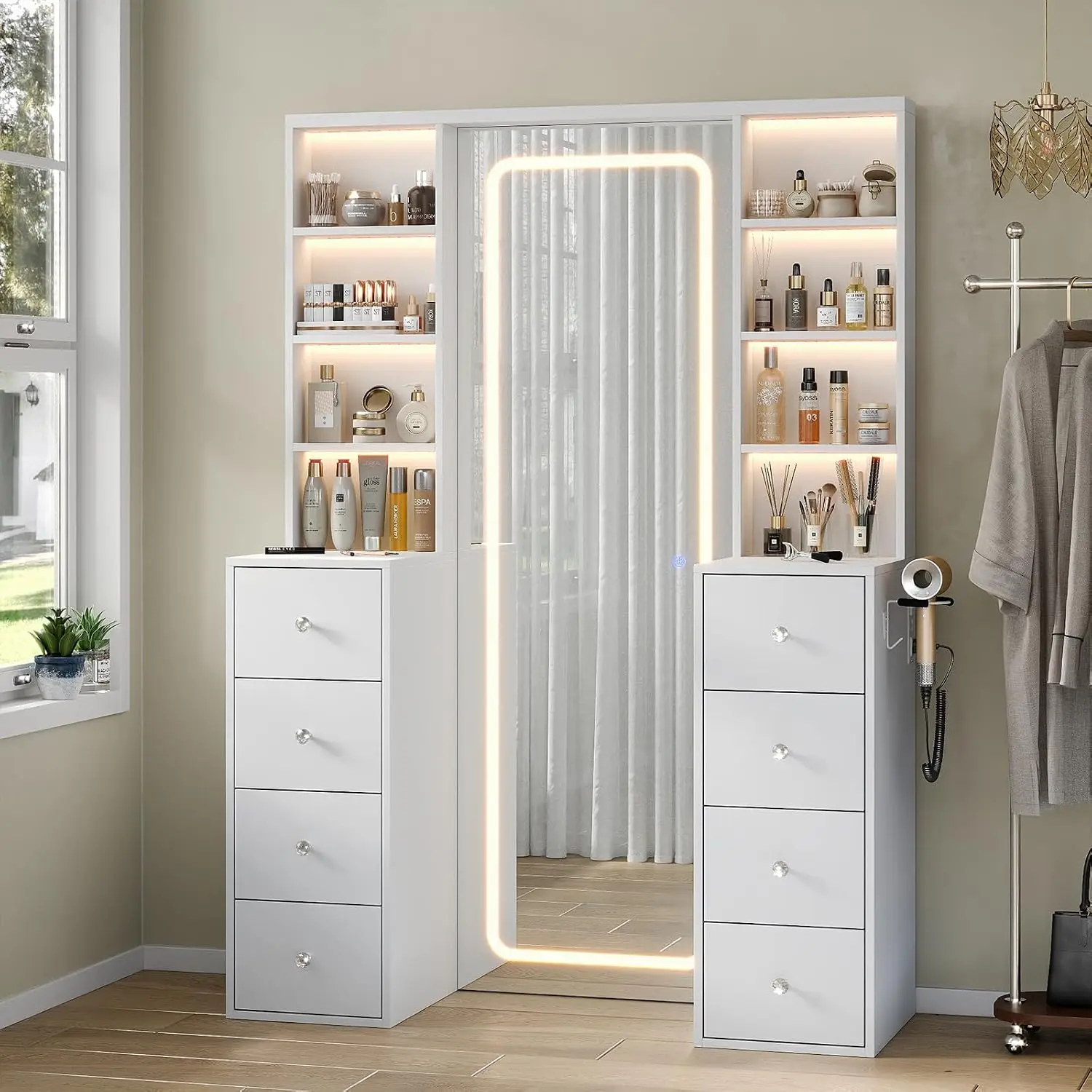 LED Mirror with 8 Drawers & Shelves, Power Outlet, Dimmable 3 Color Light for Bedroom, 47x65
