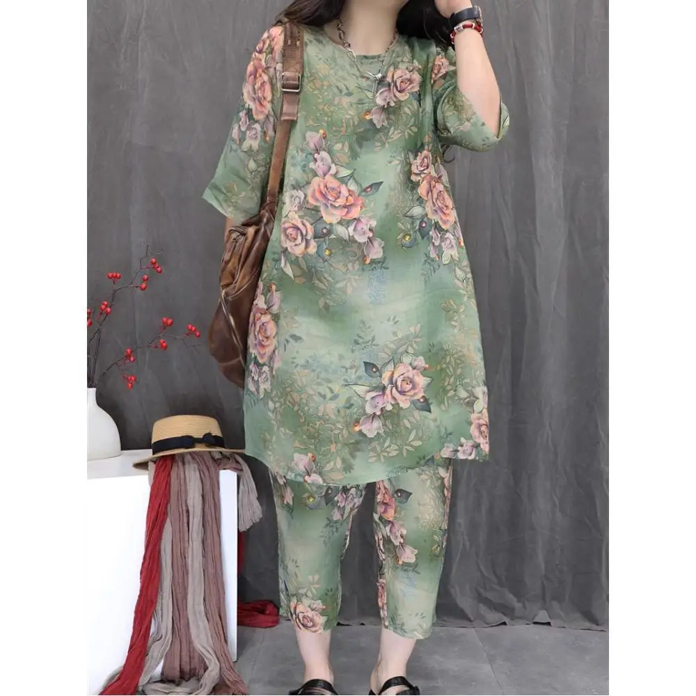 

2026 Spring New Ramie Print Loose Pant Set Casual Fashion Top + Unique Stylish Pant Two-Piece Set JLJ23