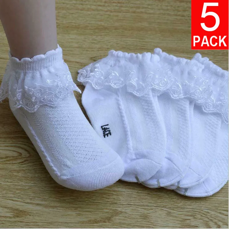 

5 Pairs Baby Girls Lace Ruffle Frilly White Cotton Socks Set Kids Chidren School Dress Dance Sock