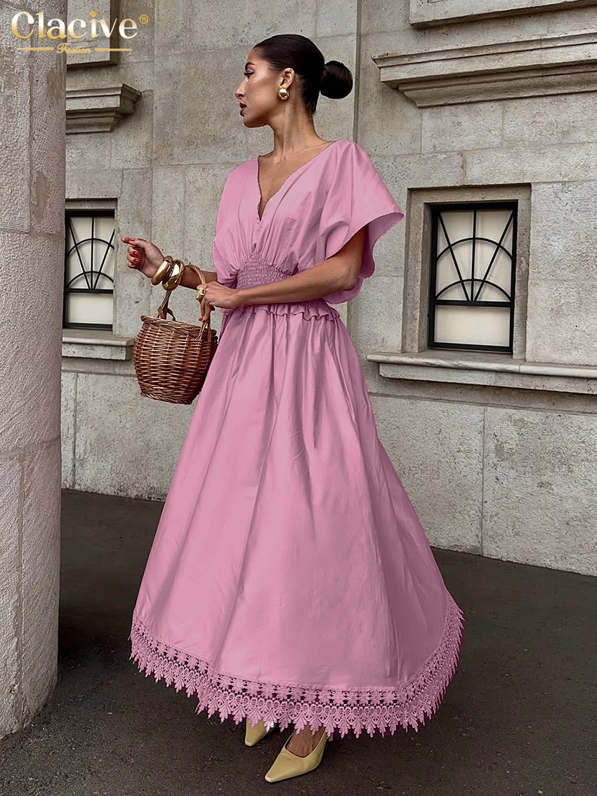 

Clacive Sexy Loose Pink Cotton Womens Dresse 2026 Summer V-Neck Short Sleeve Long Dress Elegant Classic High Waist Female Dress