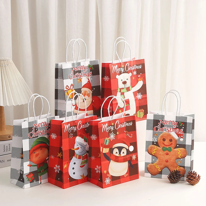 Christmas Paper Gift Bag Cartoon Pattern Gingerbread Man Reusable Storage Bag Grocery Shopping Holiday Party Favor Bag