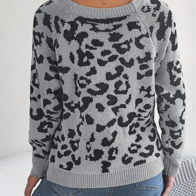 2023 Autumn and Winter Women\'s Pullover Square Neck Button Contrast Leopard Pattern Slim Fit Sweater Fashion Long Sleeve Tops