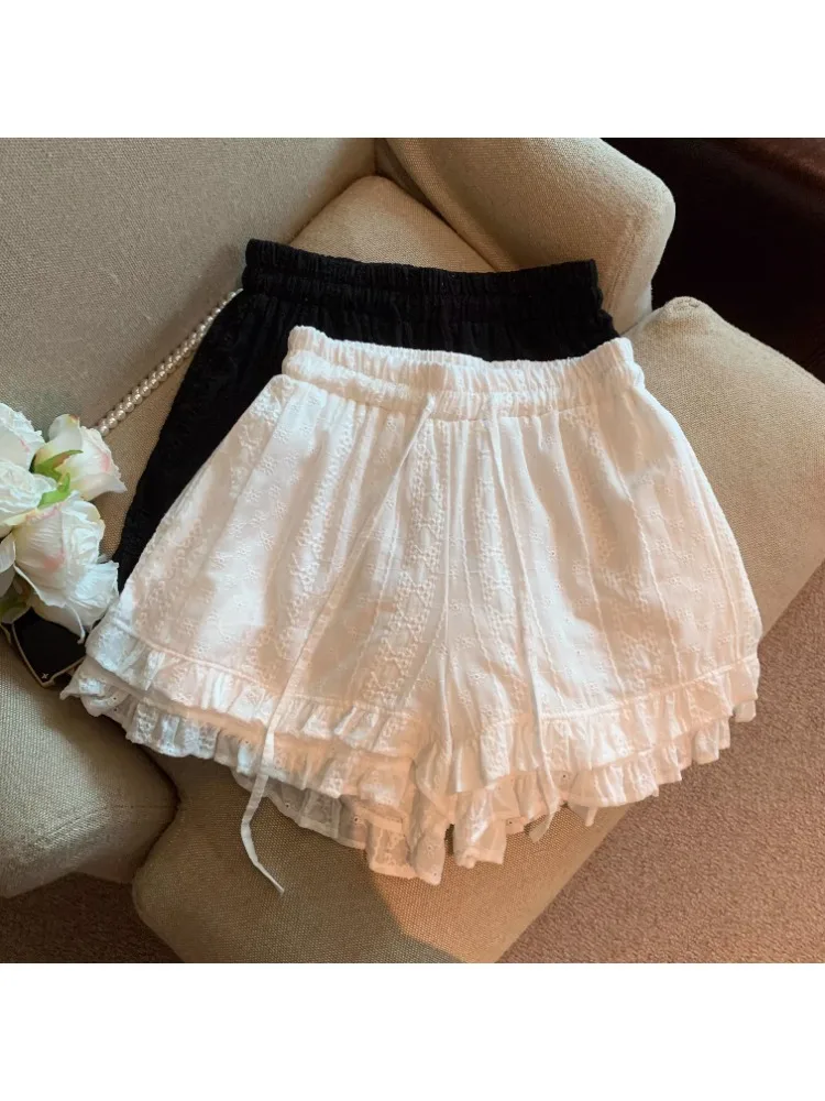 

Женские летние тонкие повседневные свободные шорты-кюлоты с кружевной отделкой, А-силуэт, с высокой талией, для работы и отдыха, из других материалов