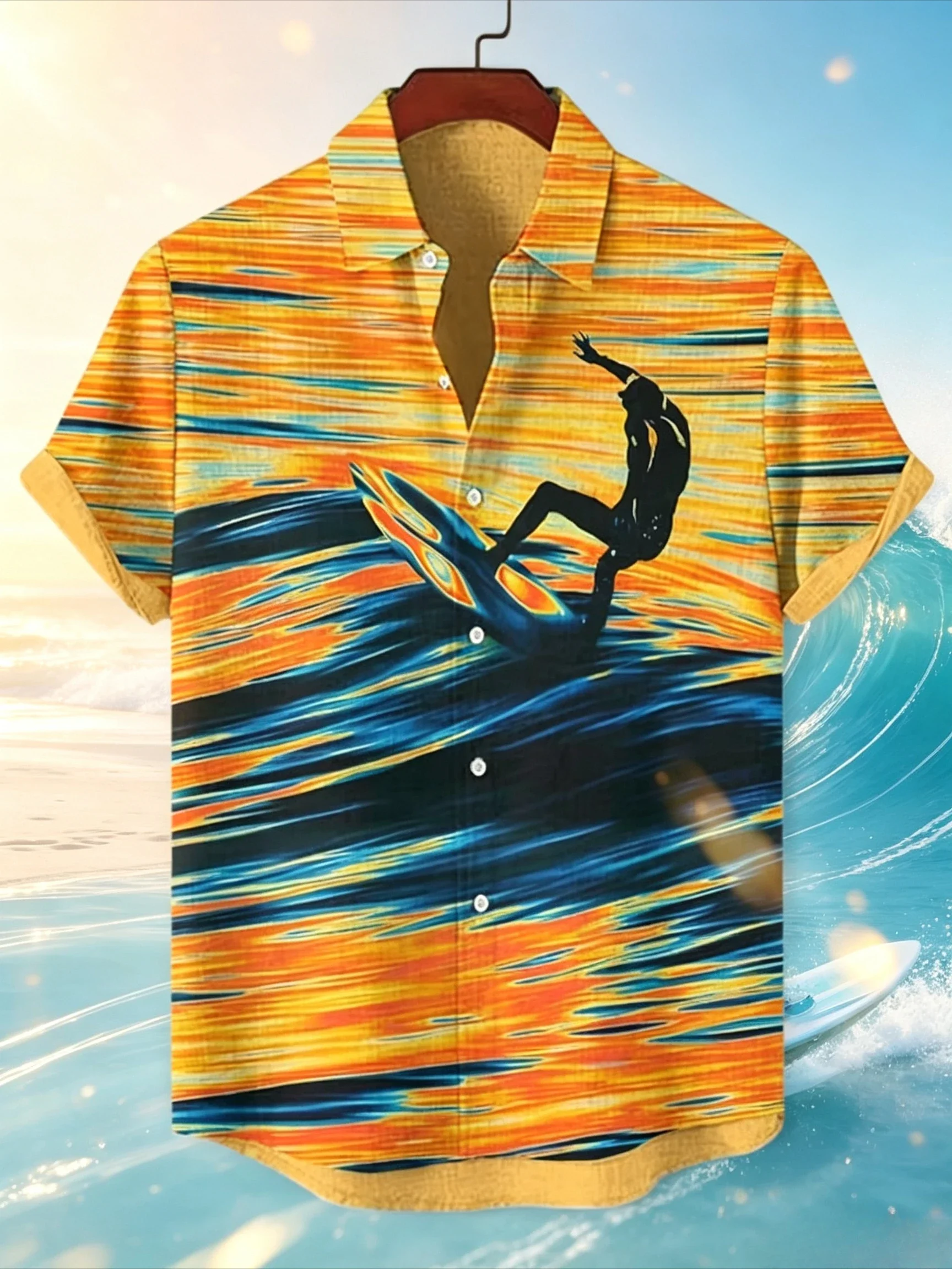New Summer Men's Surfing Print Short-sleeve Shirt, Casual Vacation Style Hawaiian Beach Shirt, Fashionable Vacation Men's Top