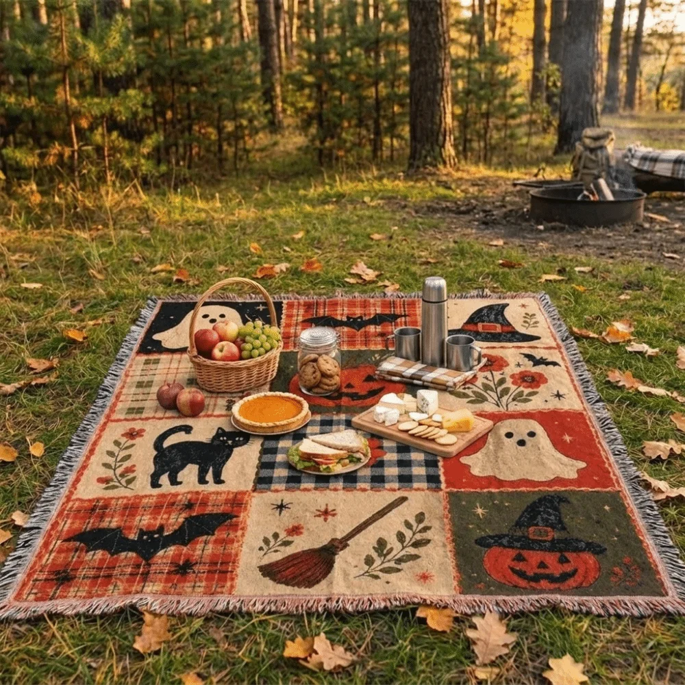 Vintage Halloween Patchwork Blanket Warm Soft Pumpkin Ghost Blanket Dark Style Black Cat Bat Print Camping Blanket Picnic