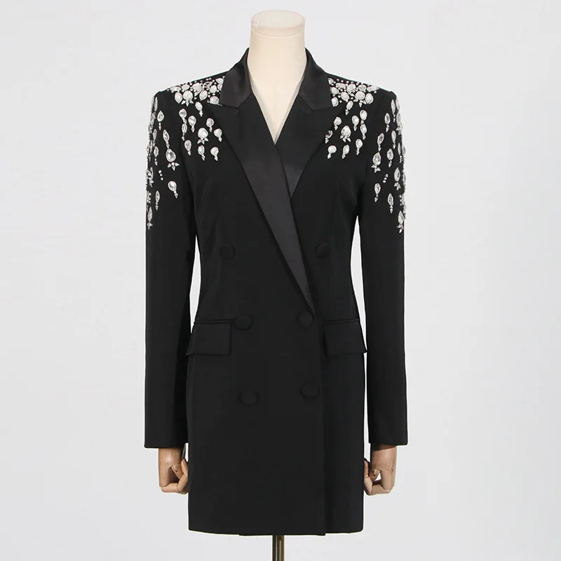 HKSH ฤดูใบไม้ร่วงใหม่ผู้หญิงแฟชั่น Elegant Heavy Craft Studded เพชรแขนยาว Double Breasted Pocket Coat Stylish Blazer HK8455