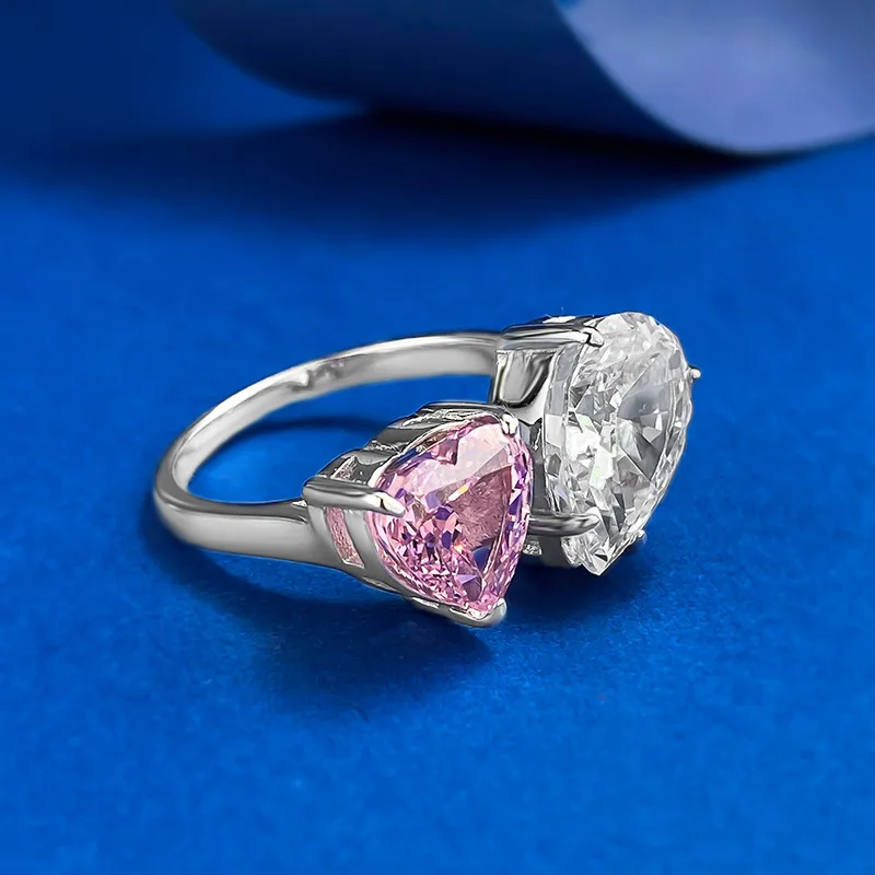 Shining U S925 Silver High Carbon Diamond Pink Heart Pear Gems Ring for Women Fine Jewelry Engagement