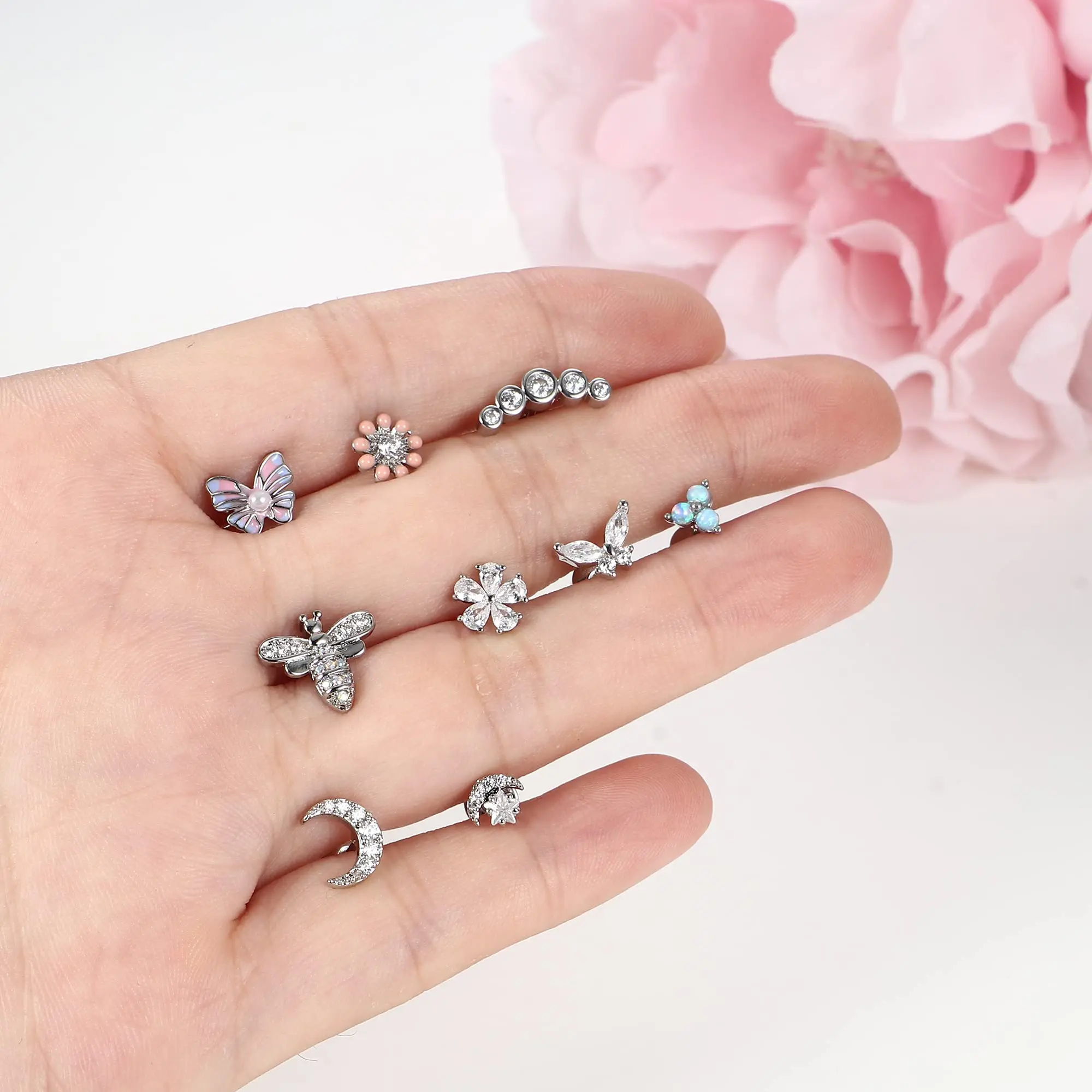 Drperfect 1 Stück Knorpel-Ohrstecker für Frauen, Chirurgenstahl, flache Rückseite, Schmetterling, Blume, Tragus, Helix, Piercing-Schmuck – Detail 6
