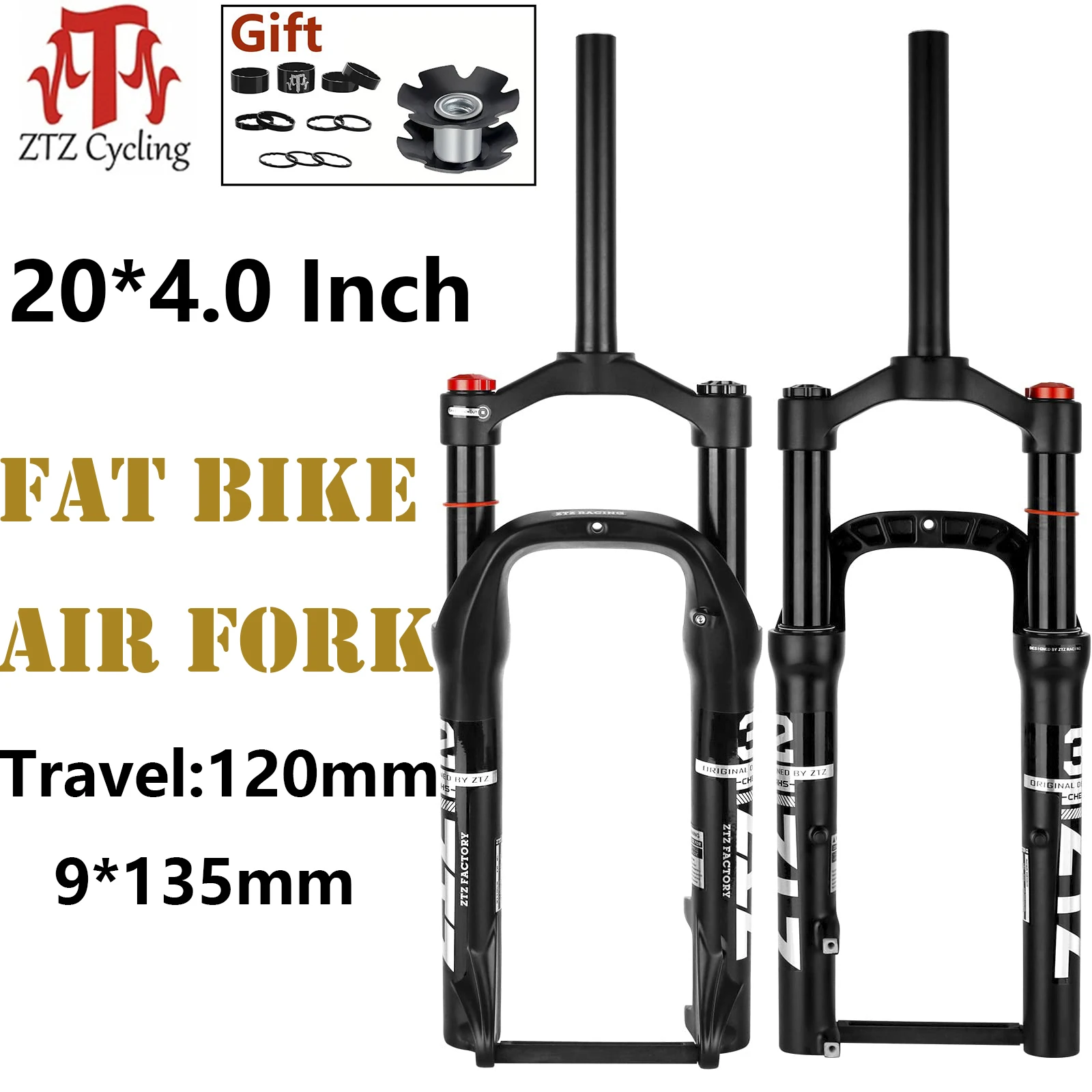 

ZTZ 20 inch Snow Bike Air Fork - Beach Bike Fork 135MM Magnesium Alloy Bike Fat Suspension Fork for 4.0 Tire