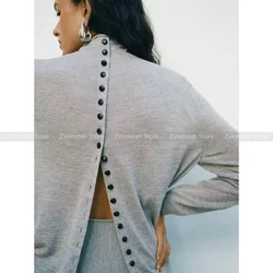 Fashion Women's 24 Autumn and Winter New Minimalist Niche Wool Standing Collar Long Sleeve Knit Grey Cardigan