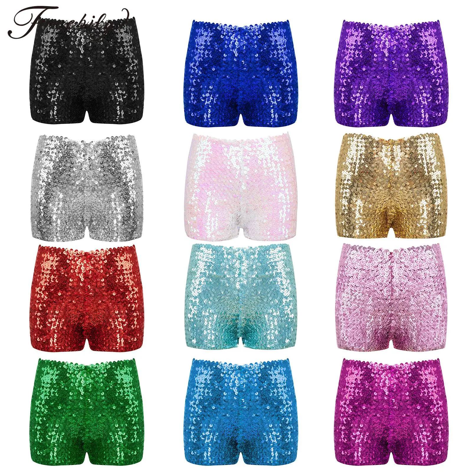 Kids Boys Girls Shiny Sequins Jazz Dance Shorts Fashion Dancewear Stage Performance Birthday Party Costume Elastic Short Pants