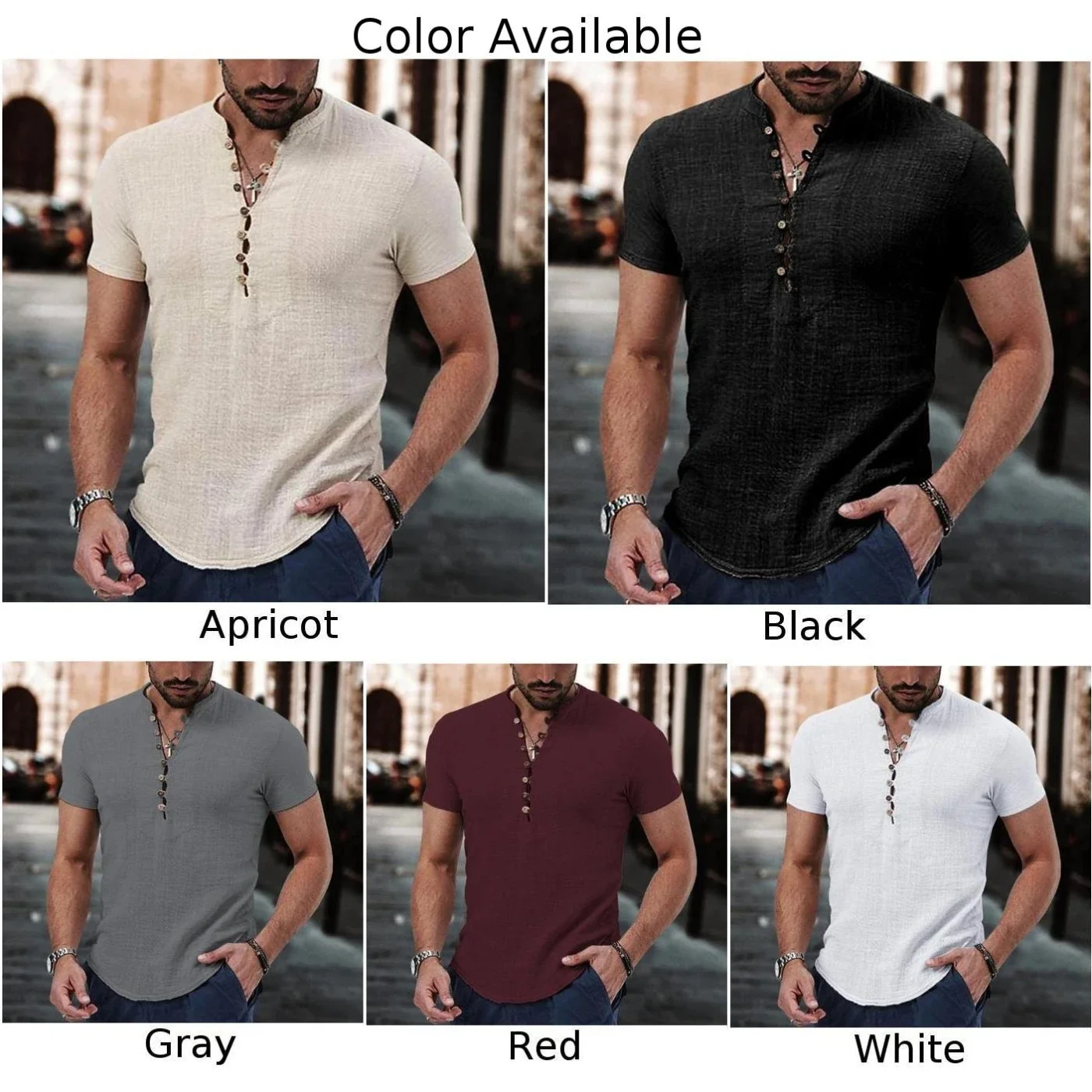 Camisa casual masculina de botão, manga curta, blusa de botão baixo com gola V Henley, perfeita para festas de verão, configuração casual