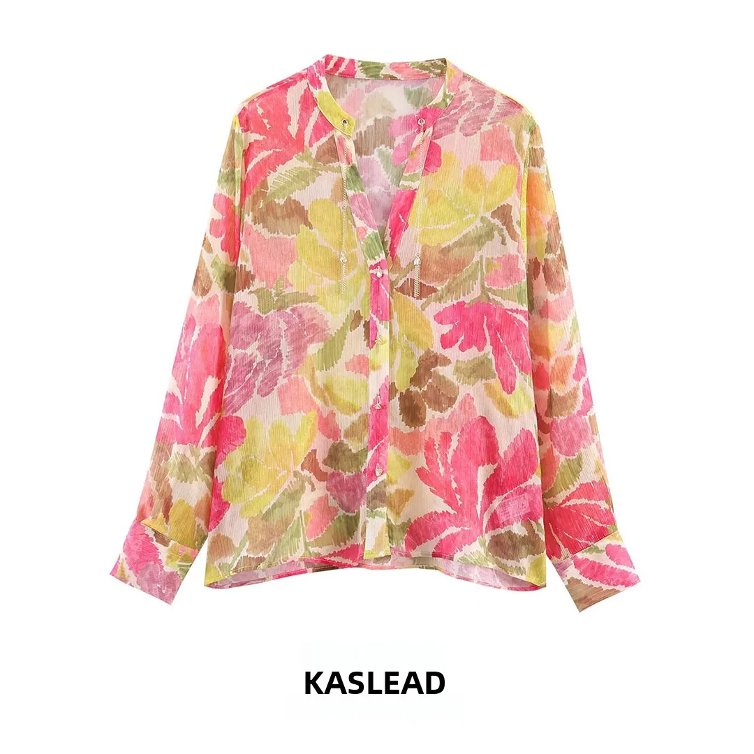 

Faionable Simple Beaded Flower Print irt Women's Street Sle Loose Fit Long Sve Breathable Polyester Spring 2026