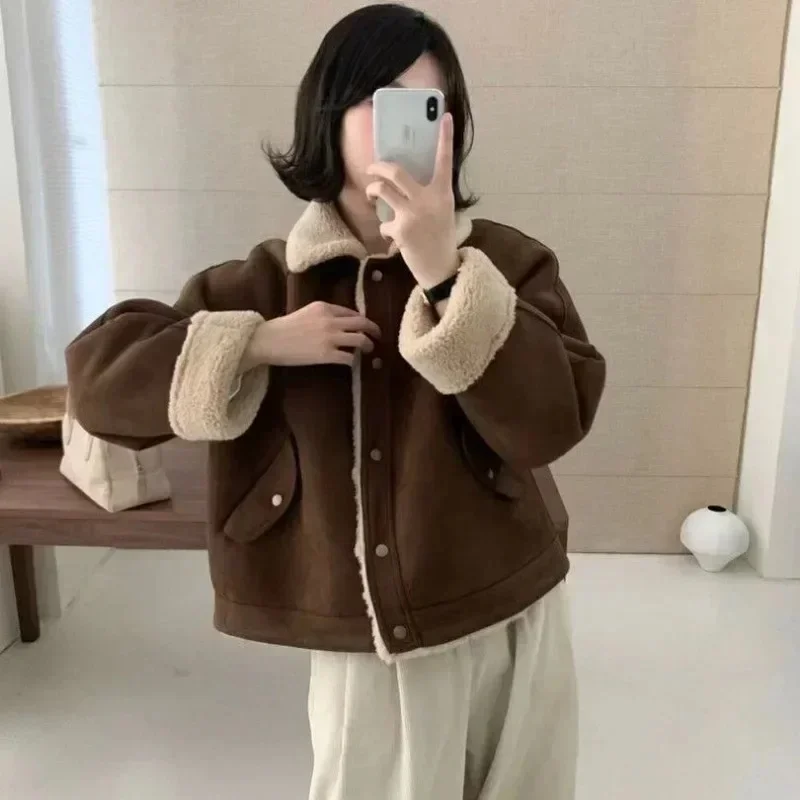 Winter Vintage Suede Jacket Women Korean Fashion Warm Fleece Mustang Jackets Oversize Chic Elegant Outwear Aesthetic Dropship