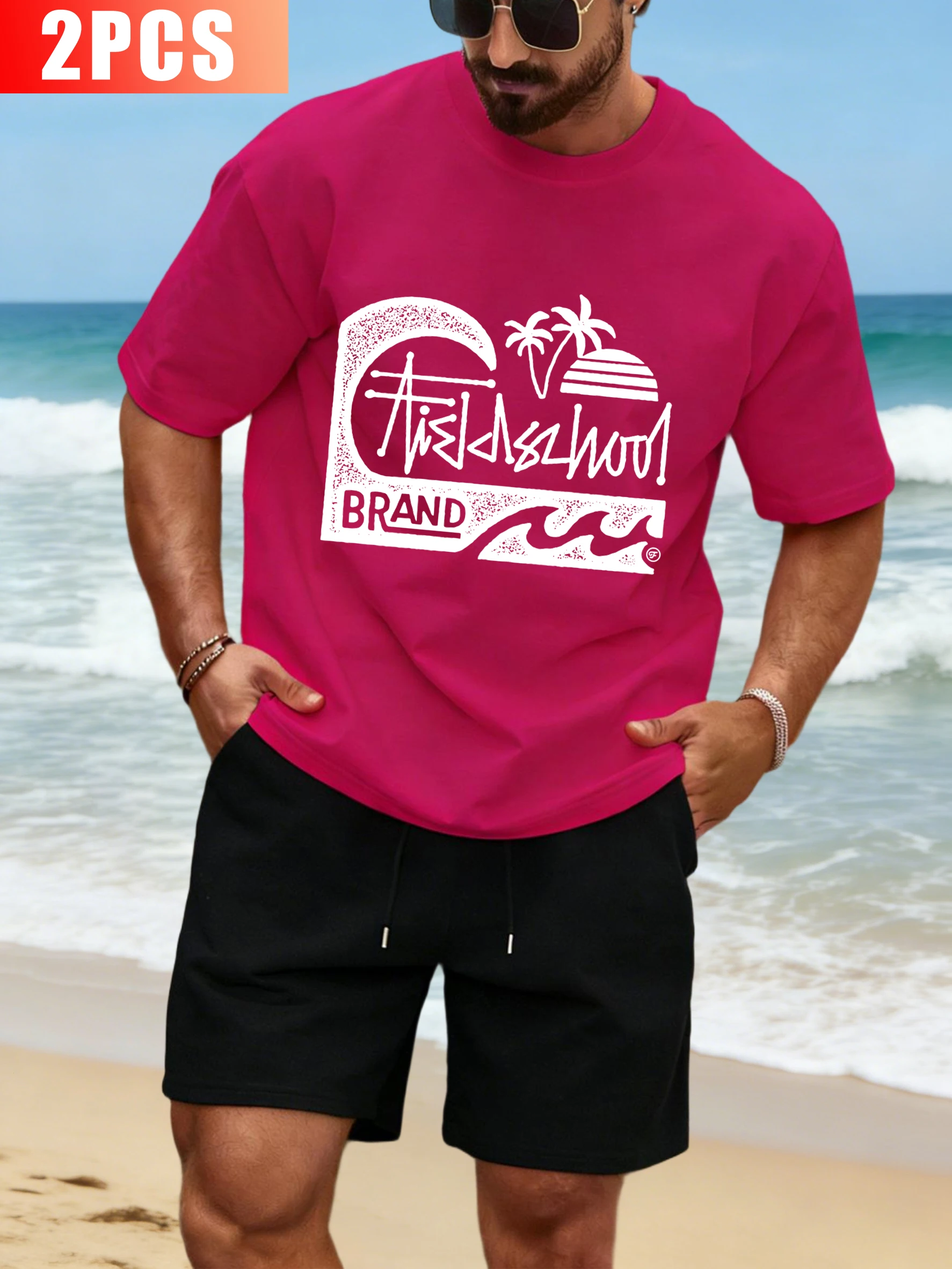 

Beach Waves And Coconut Trees Print T Shirts Men All-Match Cotton Basics T-Shirt Soft Summer Shorts Suit O-Neck Loose Casual Top