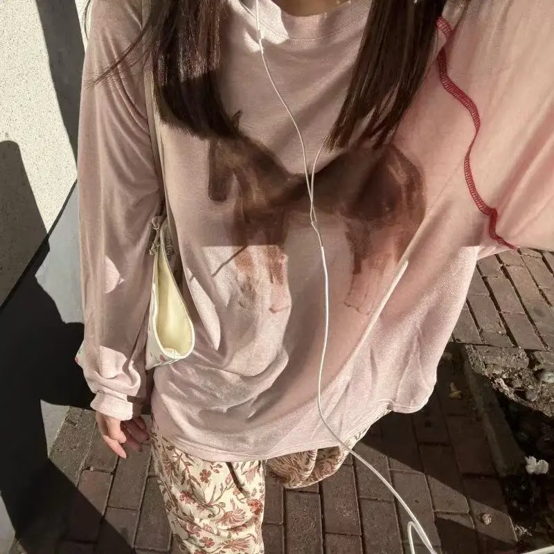 Hand Drawn Pony Printed Decoration T-irt Women's Thread in Shoulder Sleeve Top Round Neck Loose Long Sleeved Casual Shirt