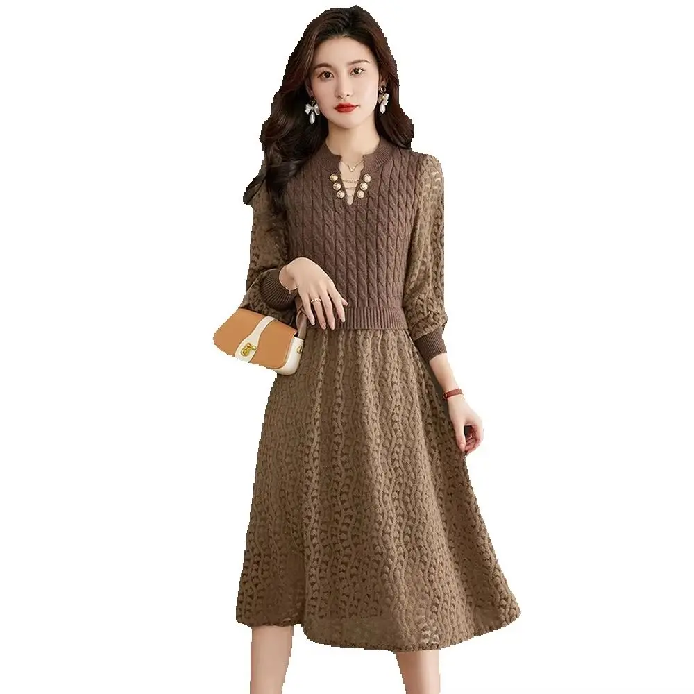 

Knitted Dress Women's Autumn And Winter New Western Style Fake Two-piece Medium Long Temperament Korean Sweater Bottoming Skirt.