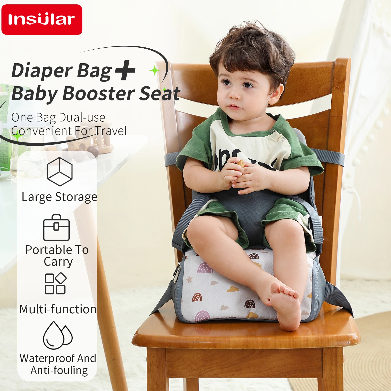 

Fashion 2-IN-1 Seat Suit Multi-functional Anti-slip Booster Seat +Diaper Bag Portable Dining Chair Seat Cushion Convenient 1-3Y