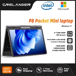 Crelander P8แล็ปท็อปสำหรับเล่นเกมมินิ8นิ้วหน้าจอสัมผัส Intel Alder Lake N100 12GB DDR5 Windows 11 WIFI 6แล็ปท็อปพกพาขนาดเล็ก