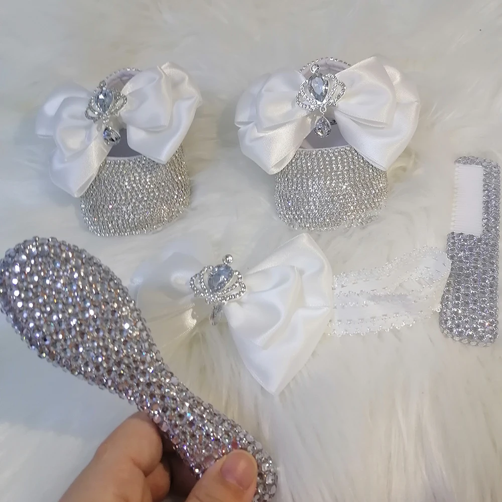 Fiocco fatto a mano strass neonata scarpe per bambini fascia per capelli occhiali da sole pettine primo camminatore Sparkle Bling cristalli principessa doccia regalo