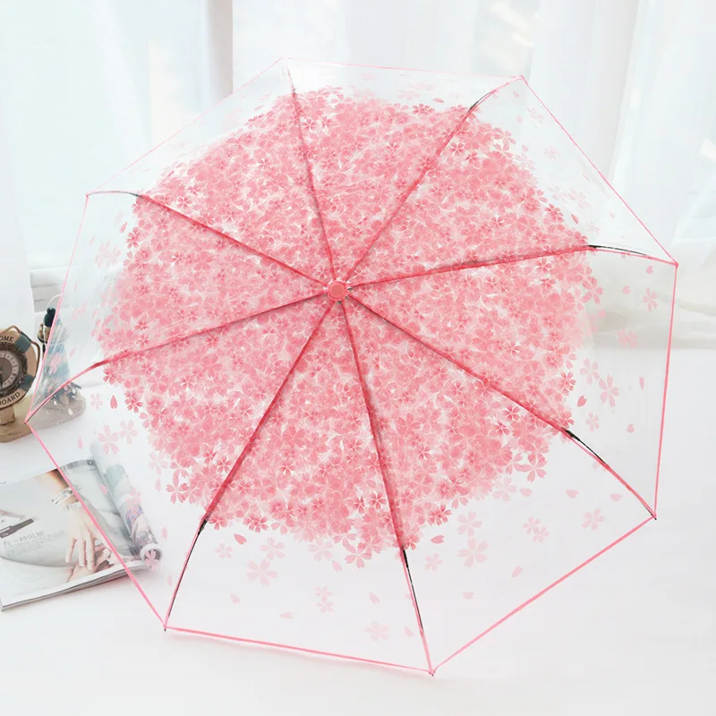 

Transparent Umbrella Korean Edition Small Fresh Folding Automatic Triple Folding Umbrella Sakura Printing Umbrella Portable Gift
