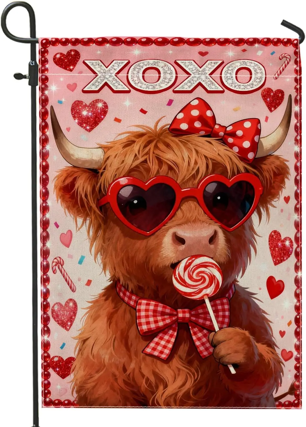 Highland Cow Garden Flag, Valentine Fanciful Hearts Candy Valentine Red Double Sided Burlap Yard Decorative Flags for Outdoo PPM