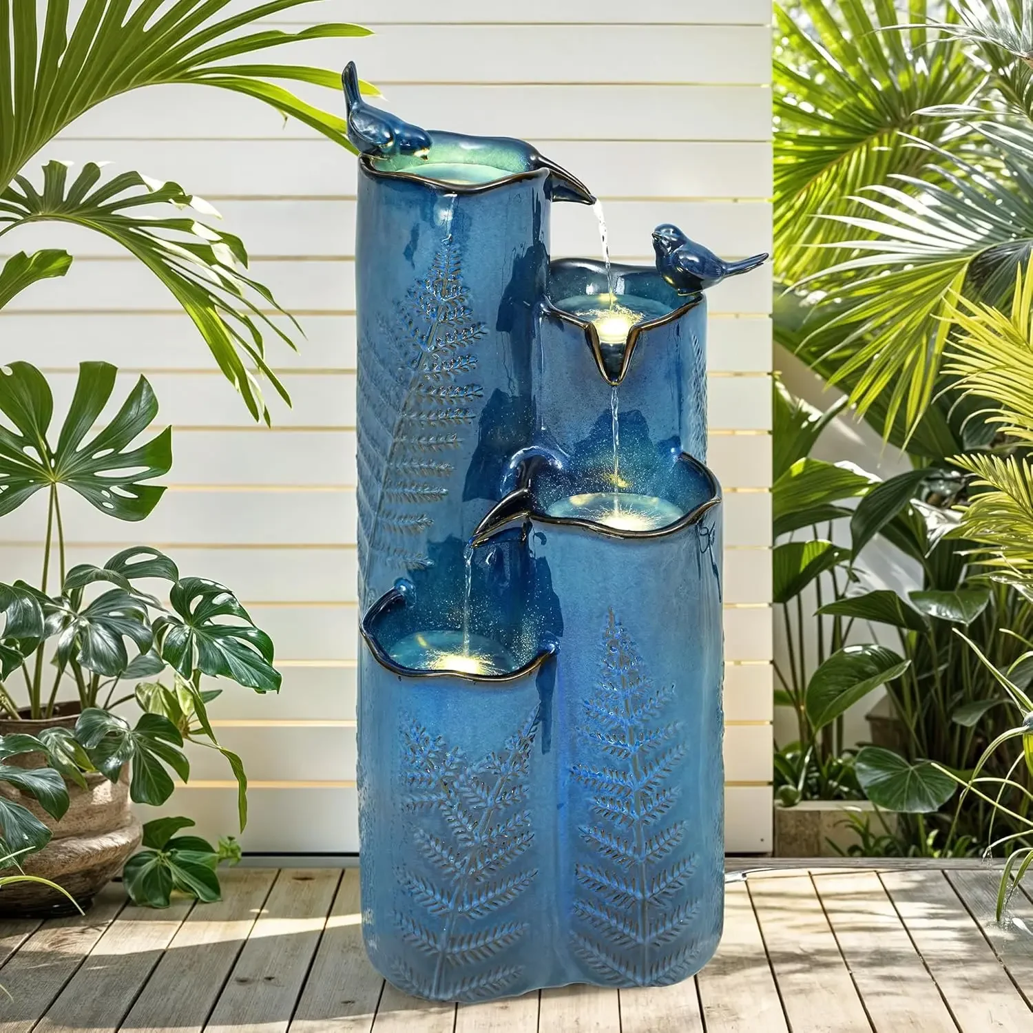 

32 H Ceramic Outdoor Water Fountain 4 Tier Tropical Cascading Waterfall with LED Turquoise Glaze