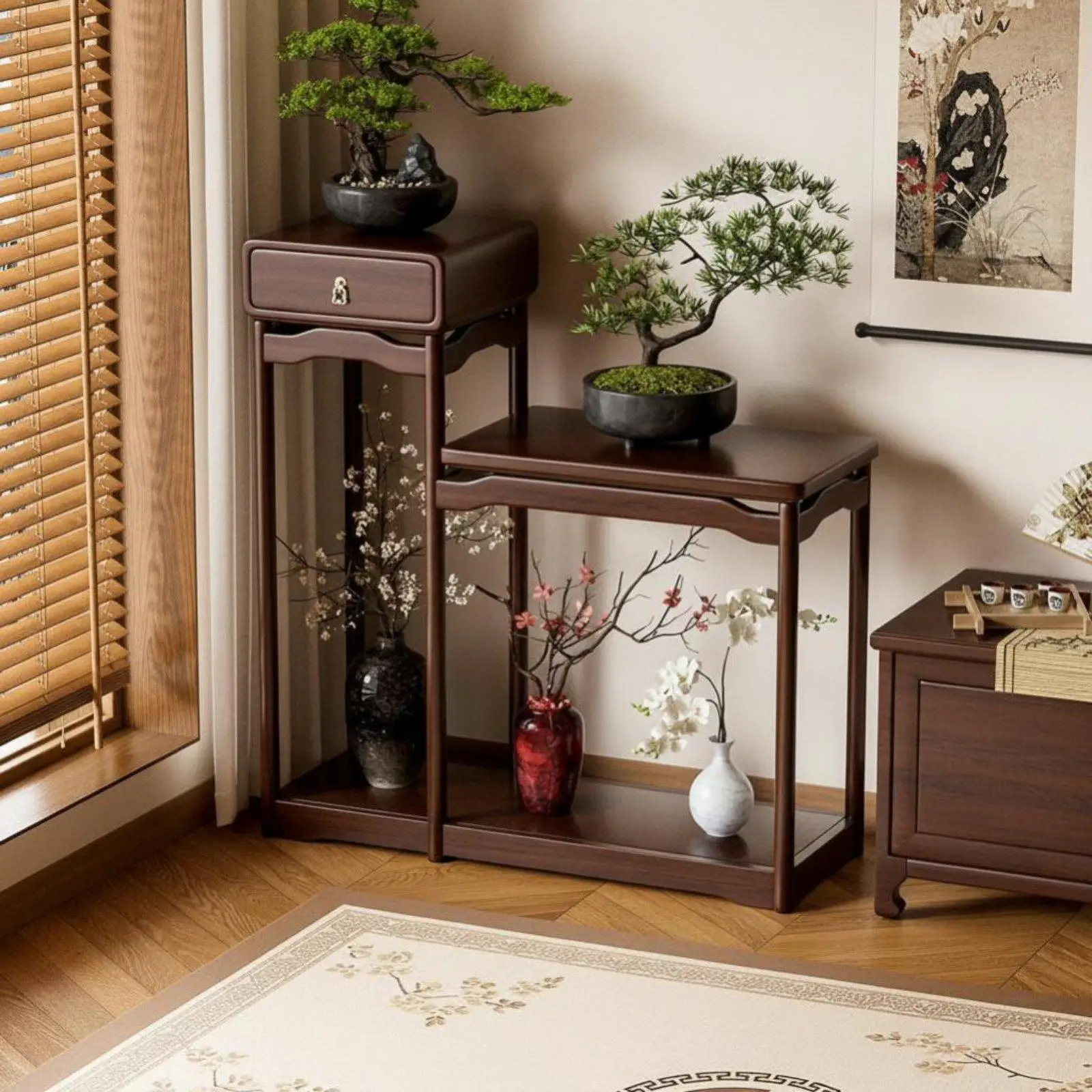 table-d'appoint-orientale-sur-pied-de-style-artistique-traditionnel-asiatique-avec-tiroir-pour-plantes