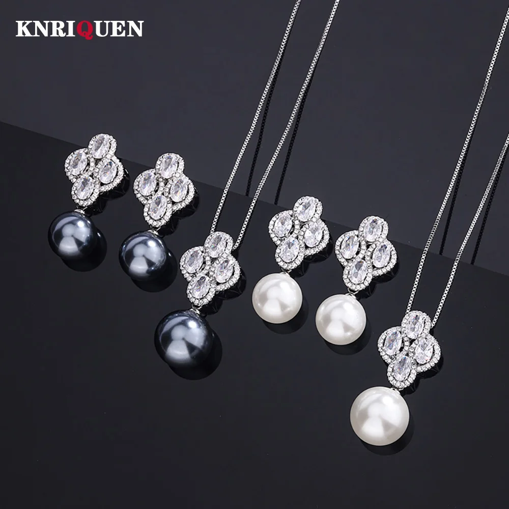 

Charms 12-14mm White Black Big Pearl Lab Diamond Pendant Necklace Drop Earrings for Women Anniversary Wedding Party Jewelry Sets