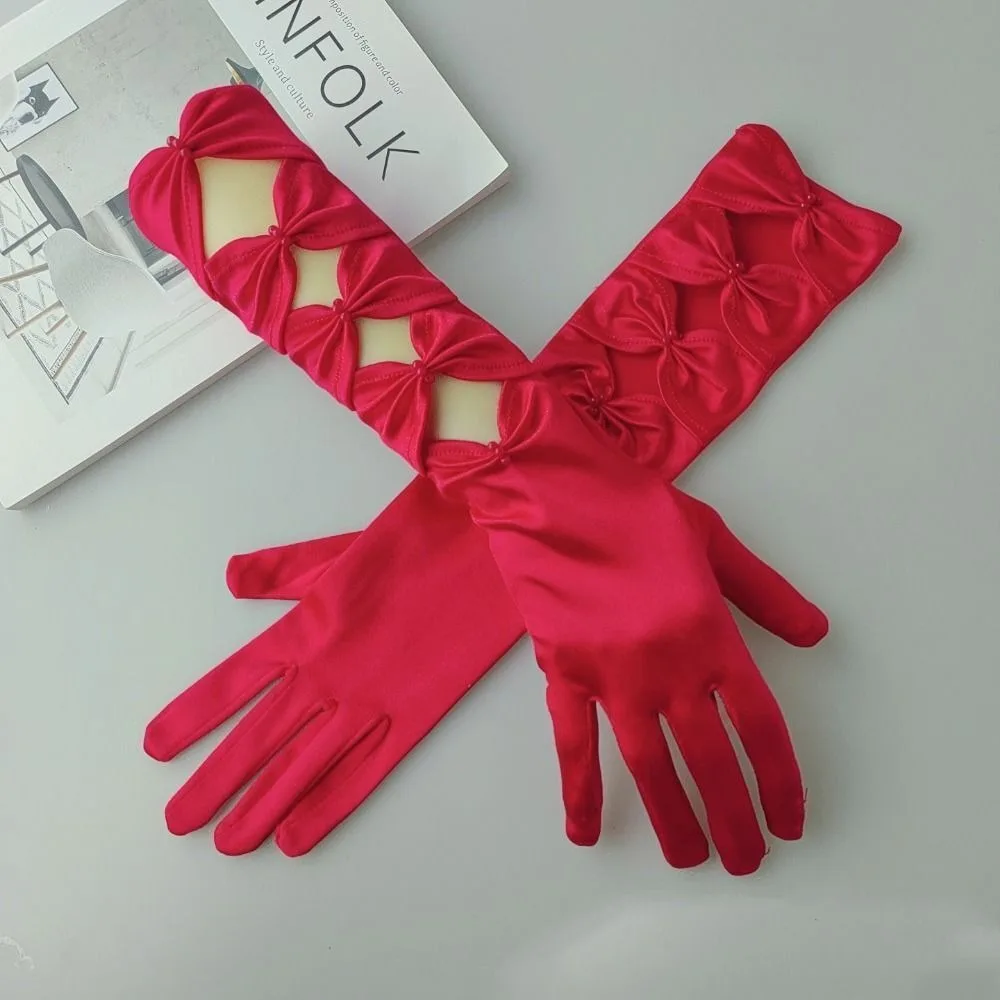 우아한 여성 긴 장갑 탄성 여성 봄 여름 전체 손가락 장갑 빈티지 새틴 웨딩 드레스 장갑 파티 용품