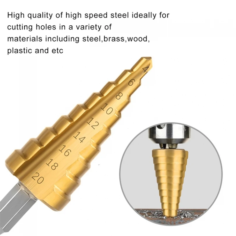 Punta da trapano a gradino rivestita in titanio con scanalatura dritta HSS 3 pezzi 3-12mm 4-12mm 4-20mm per utensili per la lavorazione del legno per foratura di carotaggio