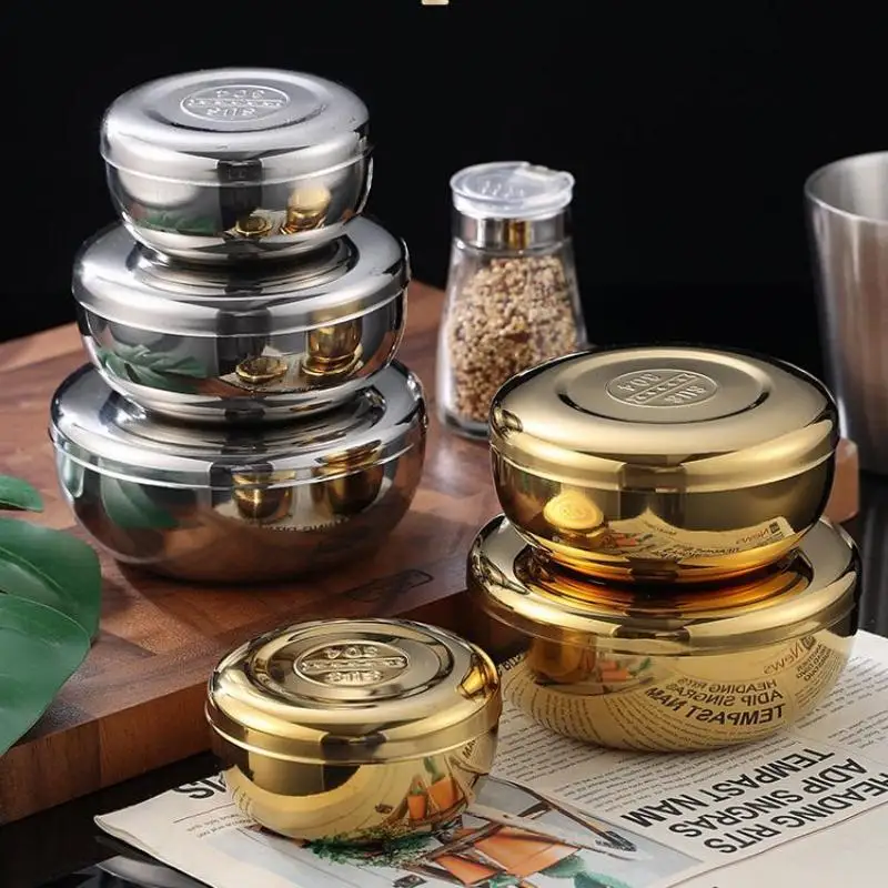 Stainless Steel Bowl Korean Big Cooked Rice Bowl With Cover Single Layer Steamed Rice Bowl Child Anti-Scalding/fall Tableware