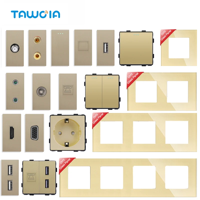 TAWOIA TV SAT CAT5/6 RJ45/11 Double USB Type-C EU Socket Parts Crystal Glass Frames Mechanical Light Switches Free Combination