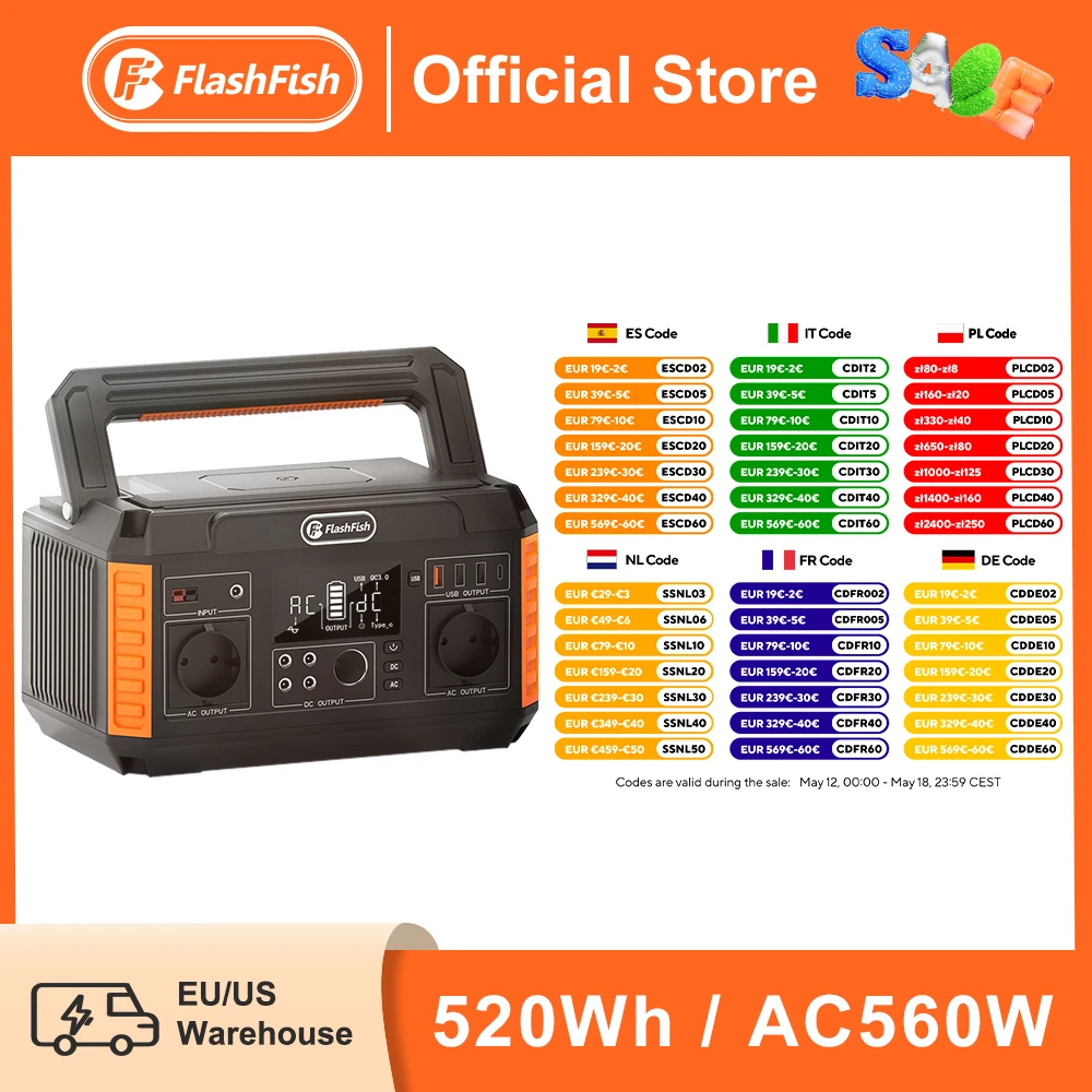 FF FlashFish Power Station 560 W tragbarer Solargenerator 230 V reine
