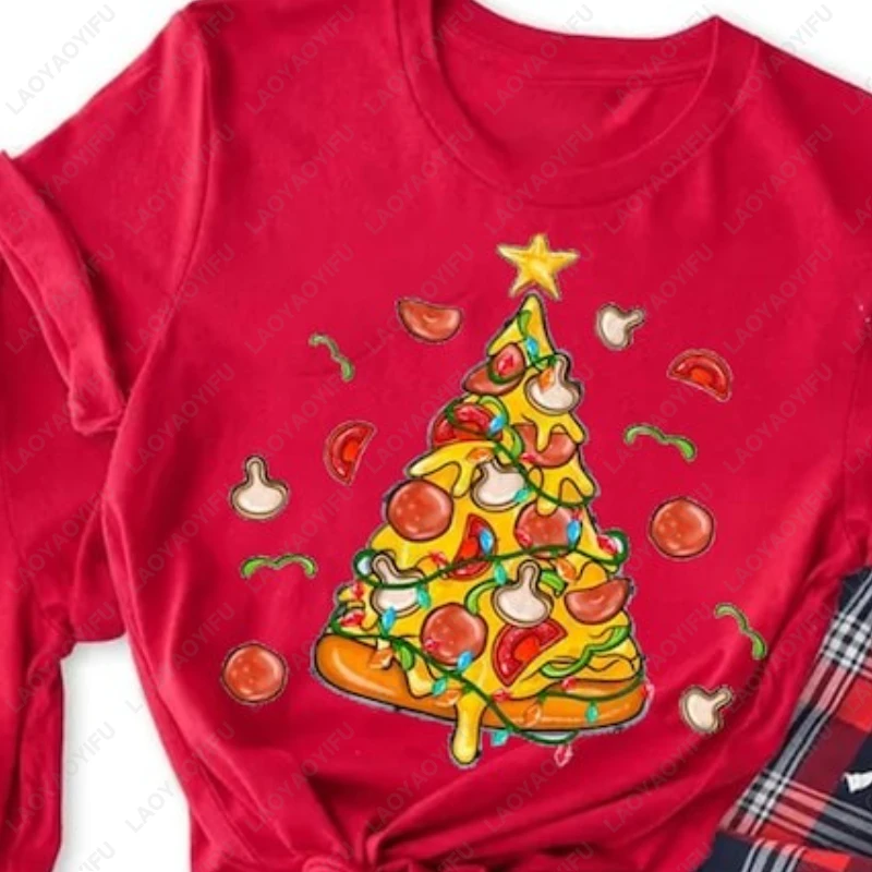 Cute Christmas Tree Men Women Cotton TShirt Fun Pizza Slice Holiday Decorations for Festive Wear Tops Creative Novelty Tees Gift
