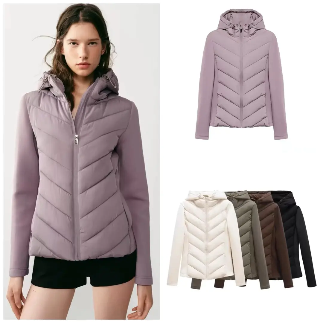 Early Autumn New Women's Cotton Jacket Coat Hooded Long Sleeve Stand Collar Patchwork ZR Style Ladies Fashion Pure Color Zipper