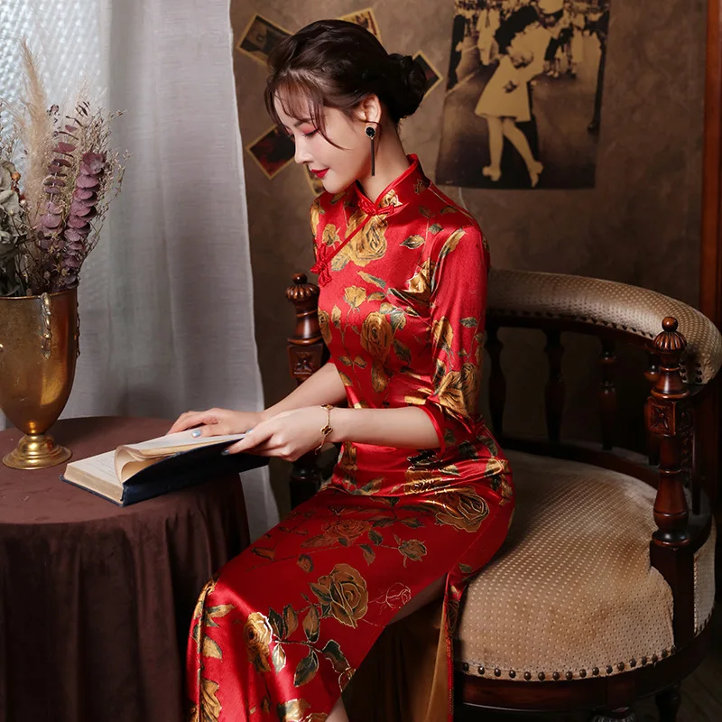 Oriental Style Red Wedding Qipao Women Novelty Chinese Traditional Dress Handmade Button Slim Long Improved Cheongsam Plus Size