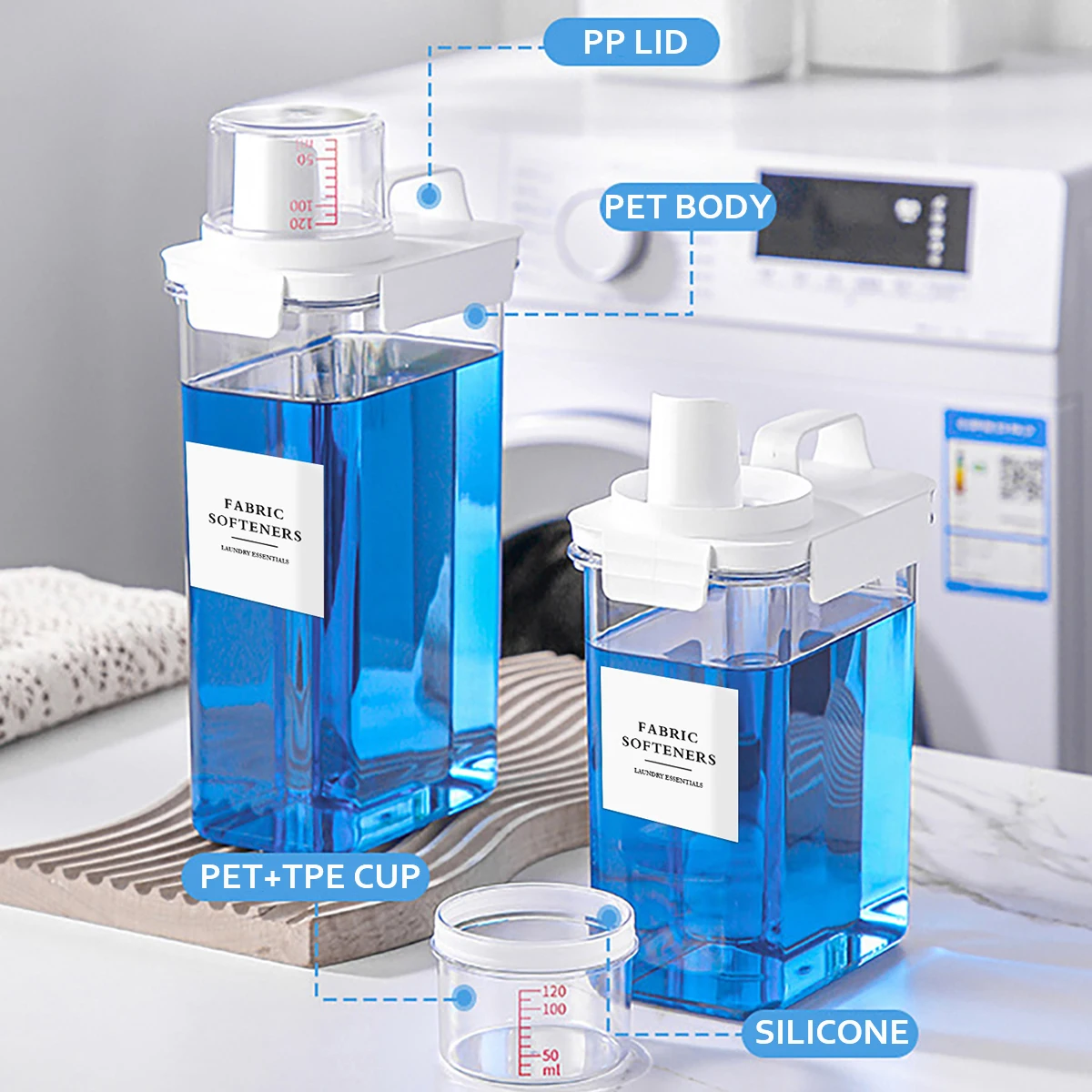 Laundry Detergent and Softener Dispenser Bottle with Labels Laundry Powders Container Laundry Organization with Reflow Lid