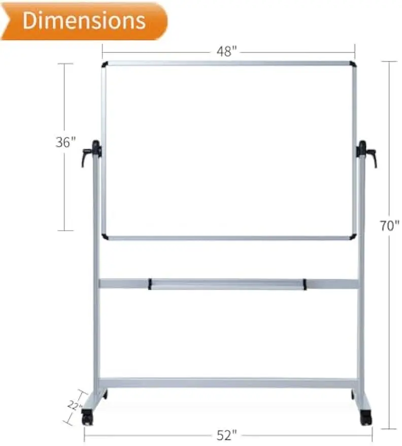 Quadro branco magnético dupla face, 48 x 36 polegadas com estrutura de alumínio e suporte para uso móvel