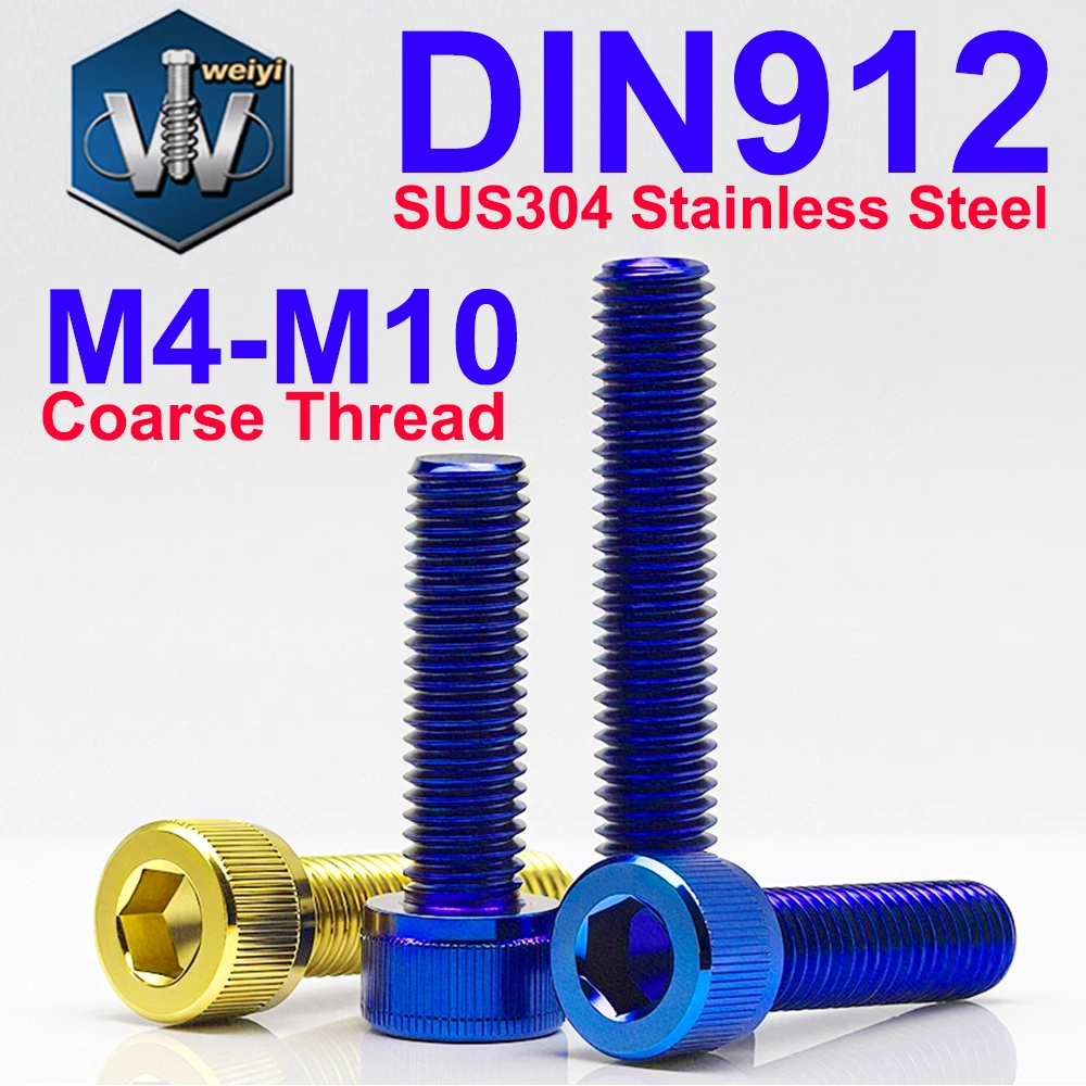 Vis à tête hexagonale Weiyi M4 M5 M6 M8 M10 DIN912 en acier inoxydable SUS304, bleu titane et plaqué or, vis à clé Allen