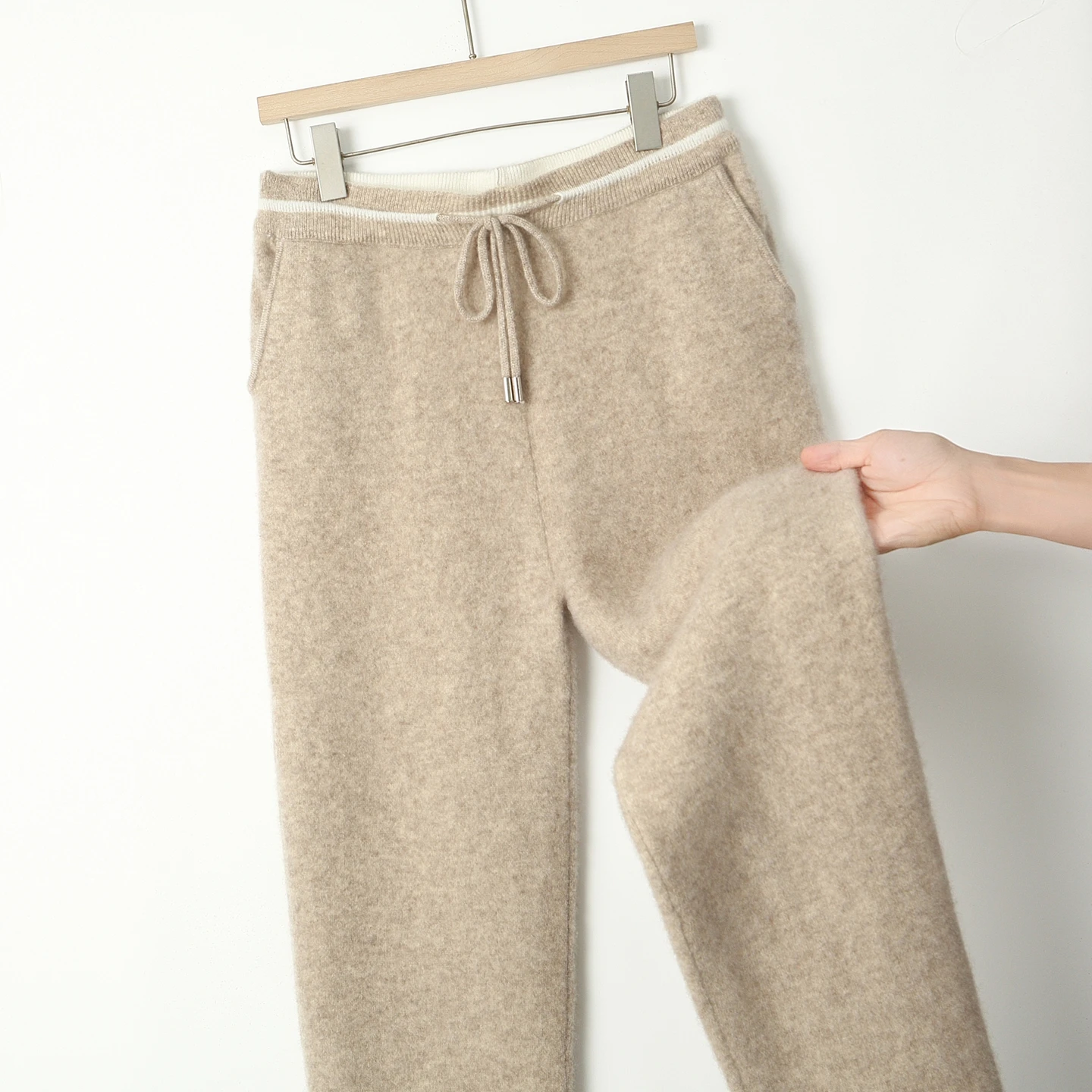 New Style 100% Merino Wool Men's Air Layer Thickened Straight-leg Pants Autumn Winter Color Block Casual Drawstring Knitted Pant