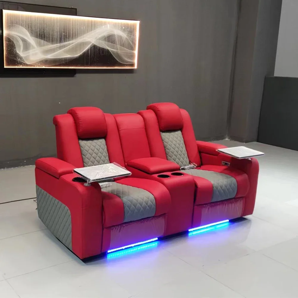 

Power Reclining Home Theater Sofa – Dual Motor Genuine Leather Recliner Couch with Massage, USB, Refridgeration Cup Holders