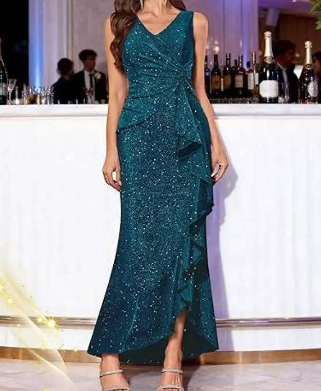 

Women's 2025 New Sexy V-Neck Dress with Sequins and Slit, Evening Dress with Temperament, Commuting Gorgeous and Elegant Dress